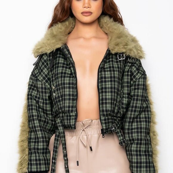 BAD TO  PLAID FAUX FUR TRIM PUFFER  ( BRAND NEW !!!! ) - Picture 7 of 10